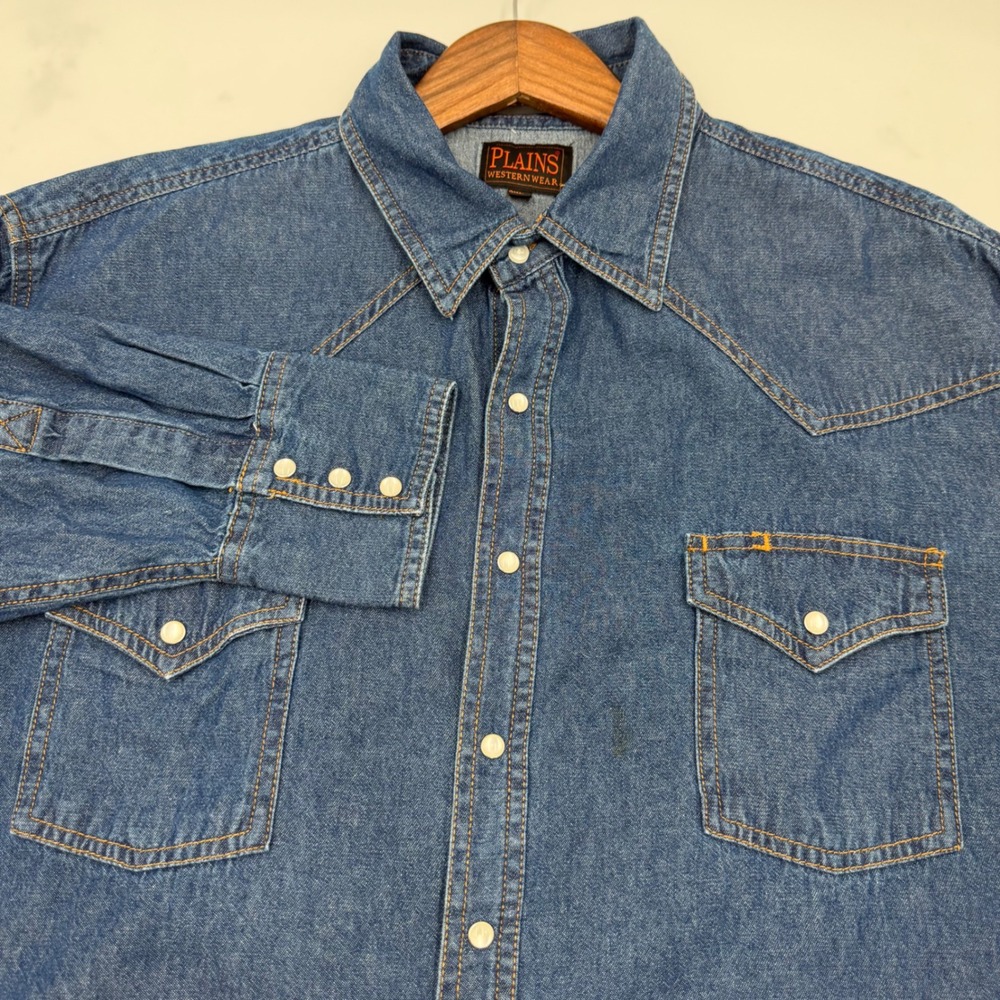 Plains Western Wear Mens 2XLT Blue Denim Pearl Snap Long Sleeve Shirt